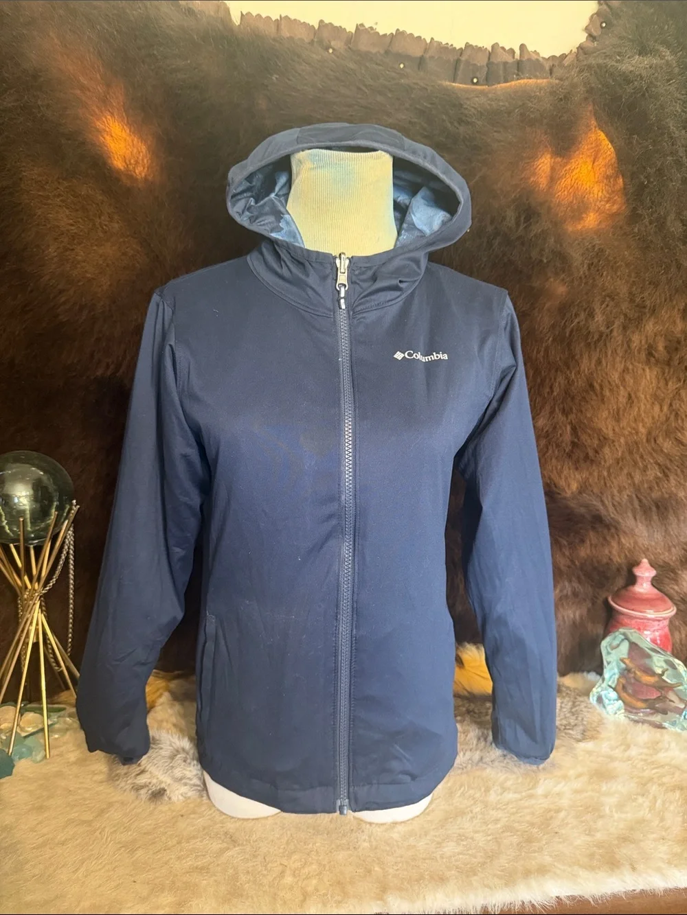 Columbia kids reversible Blue Camo Hooded Rain Shell Jacket M (1975)